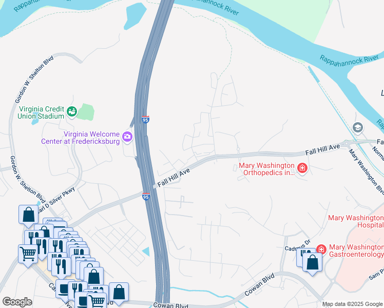 map of restaurants, bars, coffee shops, grocery stores, and more near 501 Harris Court in Fredericksburg