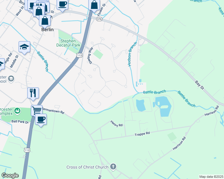 map of restaurants, bars, coffee shops, grocery stores, and more near 315 Schooner Lane in Berlin