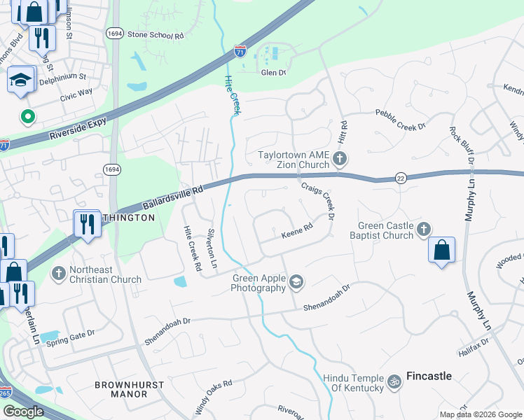 map of restaurants, bars, coffee shops, grocery stores, and more near 5127 Craigs Creek Drive in Louisville