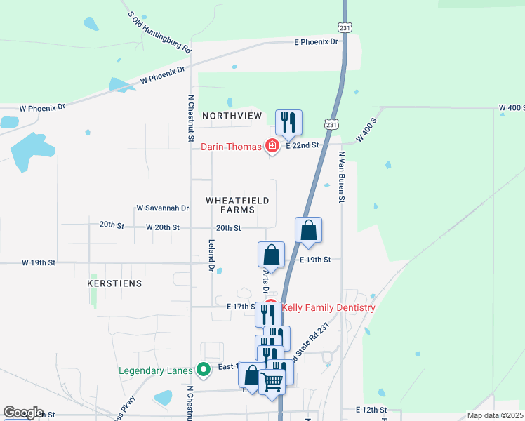 map of restaurants, bars, coffee shops, grocery stores, and more near 4011 Christopher Court in Huntingburg