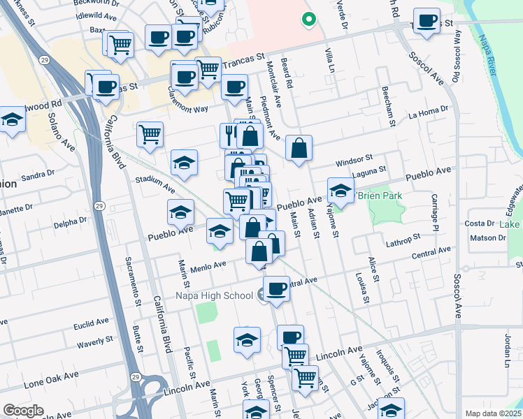 map of restaurants, bars, coffee shops, grocery stores, and more near 2740 Cooper Court in Napa