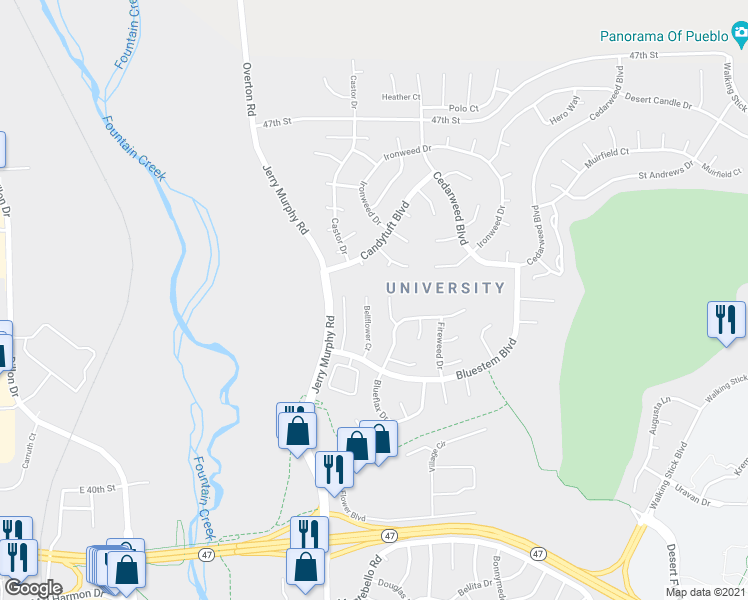 map of restaurants, bars, coffee shops, grocery stores, and more near 17 Bellflower Court in Pueblo
