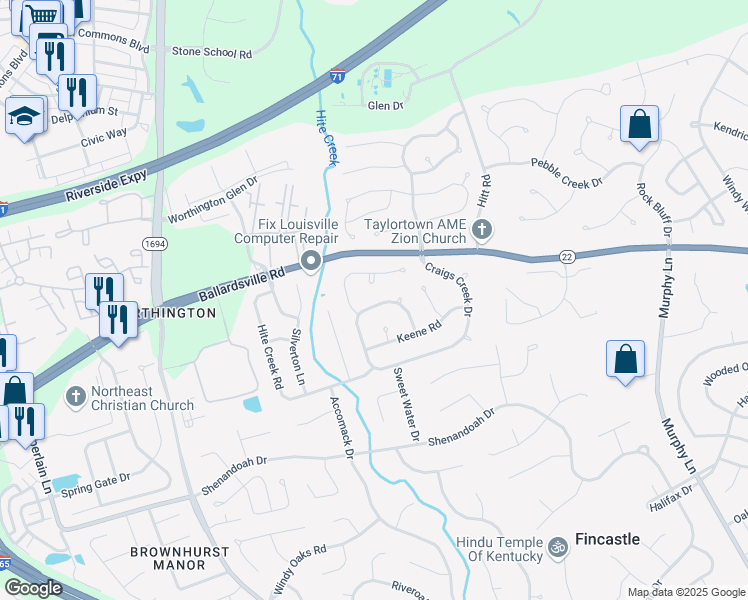 map of restaurants, bars, coffee shops, grocery stores, and more near 5125 Craigs Creek Drive in Louisville