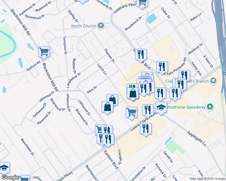 map of restaurants, bars, coffee shops, grocery stores, and more near 1527 Lynch Lane in Clarksville
