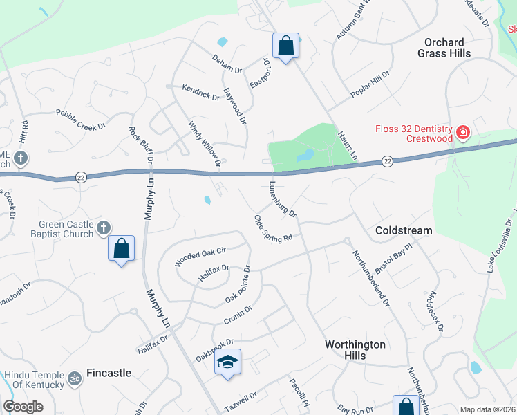 map of restaurants, bars, coffee shops, grocery stores, and more near 11808 Olde Spring Road in Louisville