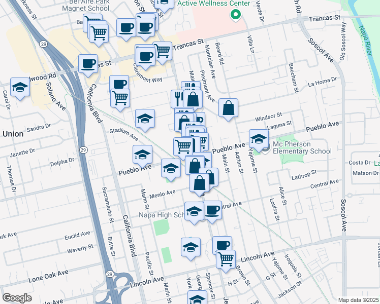 map of restaurants, bars, coffee shops, grocery stores, and more near 3001 Jefferson Street in Napa