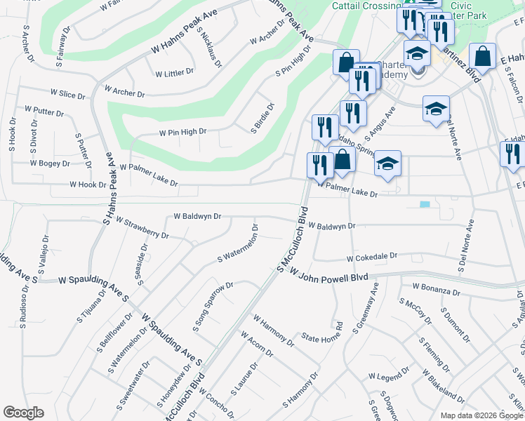 map of restaurants, bars, coffee shops, grocery stores, and more near 283 W Baldwyn Dr in Pueblo West