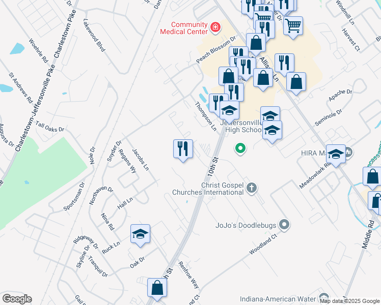 map of restaurants, bars, coffee shops, grocery stores, and more near 2415 Ashley Drive in Jeffersonville