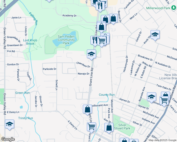 map of restaurants, bars, coffee shops, grocery stores, and more near 708 Navajo Drive in New Albany