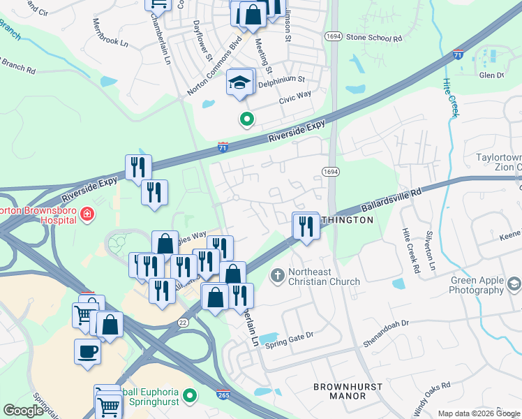 map of restaurants, bars, coffee shops, grocery stores, and more near 5004 Falkland Lane in Louisville