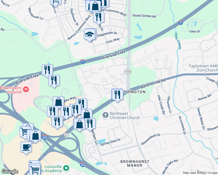 map of restaurants, bars, coffee shops, grocery stores, and more near 4908 Merton Square in Louisville