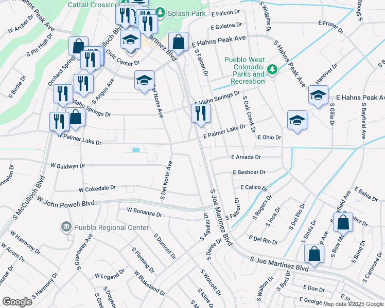 map of restaurants, bars, coffee shops, grocery stores, and more near 460 South Aguilar Drive in Pueblo West