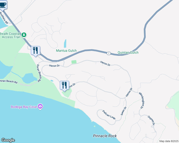 map of restaurants, bars, coffee shops, grocery stores, and more near 21108 Hummingbird Court in Bodega Bay