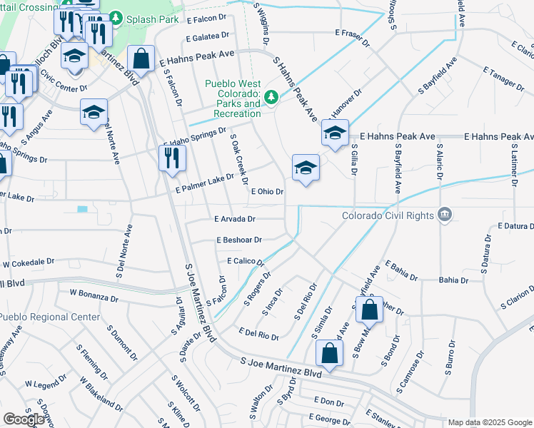 map of restaurants, bars, coffee shops, grocery stores, and more near 219 E Arvada Dr in Pueblo