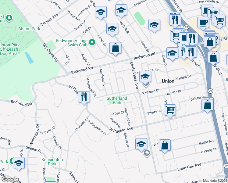 map of restaurants, bars, coffee shops, grocery stores, and more near 2464 Maclennan Street in Napa