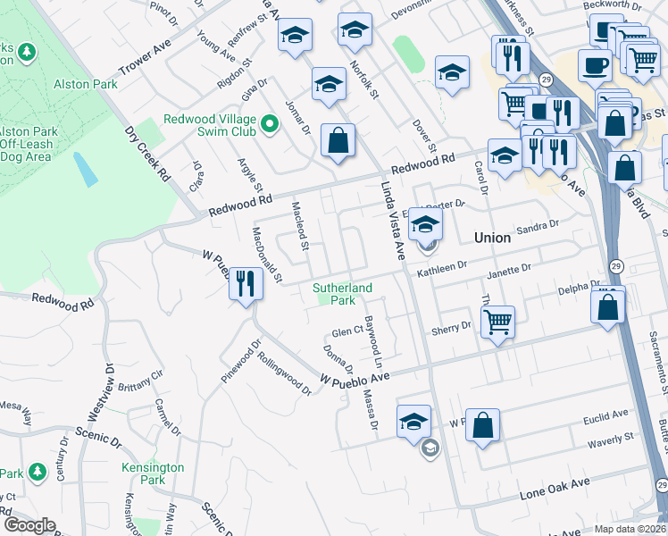 map of restaurants, bars, coffee shops, grocery stores, and more near 2464 Maclennan Street in Napa