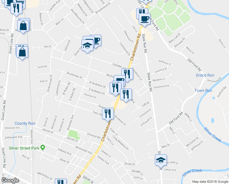 map of restaurants, bars, coffee shops, grocery stores, and more near 1754 Audubon Drive in New Albany