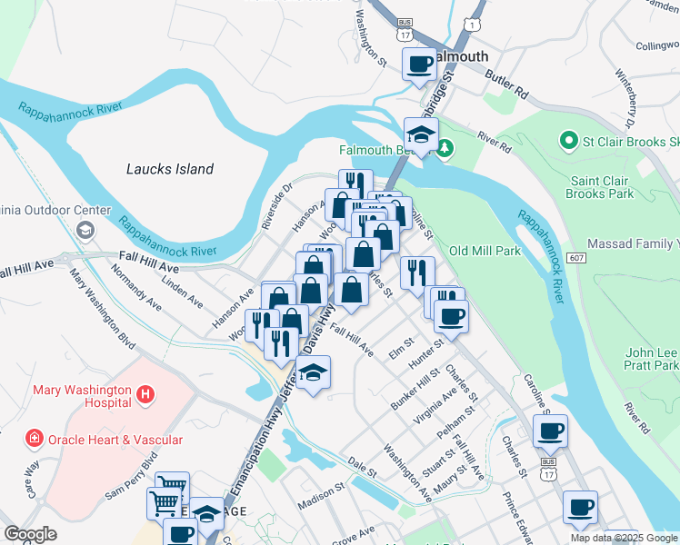 map of restaurants, bars, coffee shops, grocery stores, and more near 417 U.S. 1 in Fredericksburg