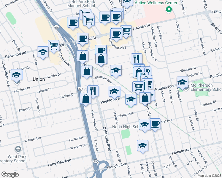 map of restaurants, bars, coffee shops, grocery stores, and more near 3057 Bruin Court in Napa