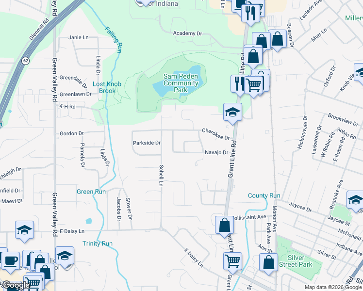map of restaurants, bars, coffee shops, grocery stores, and more near 2711 Mohawk Drive in New Albany