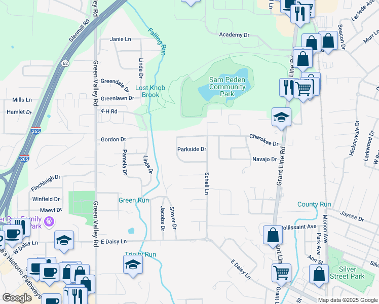map of restaurants, bars, coffee shops, grocery stores, and more near 410 Parkside Drive in New Albany