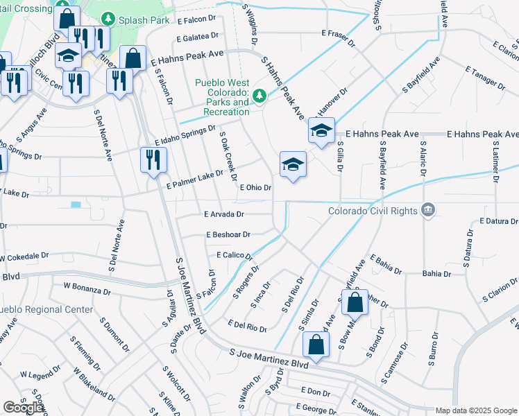 map of restaurants, bars, coffee shops, grocery stores, and more near 219 E Arvada Dr in Pueblo