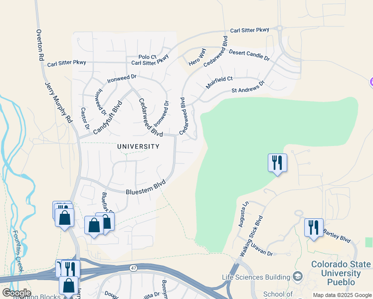 map of restaurants, bars, coffee shops, grocery stores, and more near 12 Lathyrus Court in Pueblo