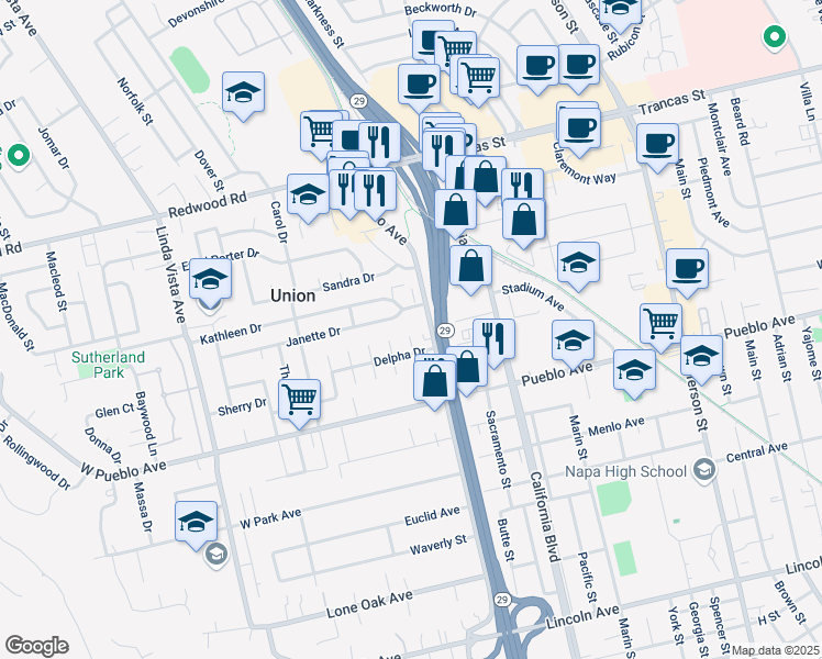 map of restaurants, bars, coffee shops, grocery stores, and more near 14 Burnette Court in Napa