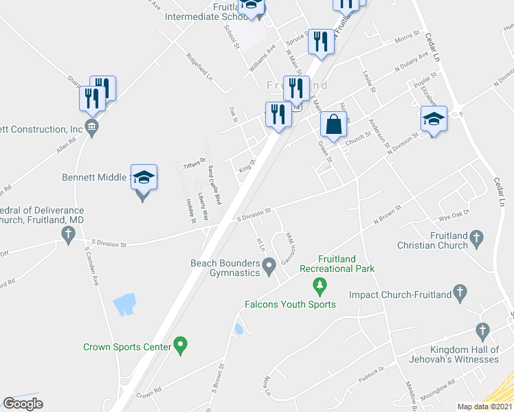 map of restaurants, bars, coffee shops, grocery stores, and more near 312 South Division Street in Fruitland