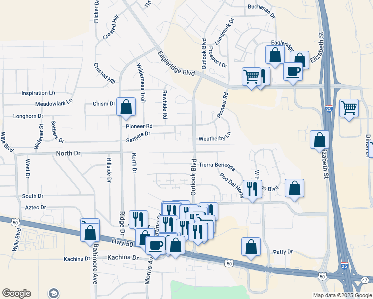 map of restaurants, bars, coffee shops, grocery stores, and more near 1705 Aquila Drive in Pueblo
