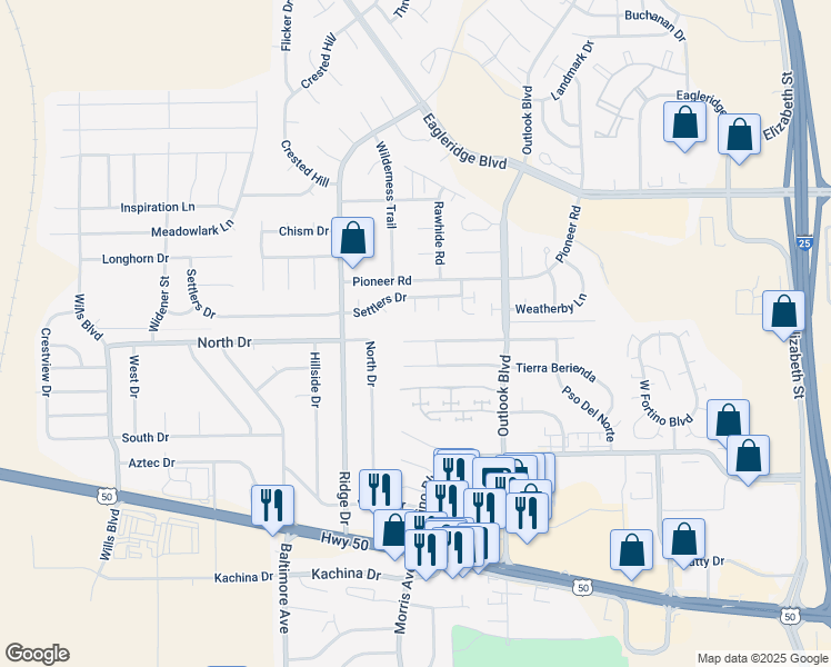 map of restaurants, bars, coffee shops, grocery stores, and more near 1807 Aquila Drive in Pueblo