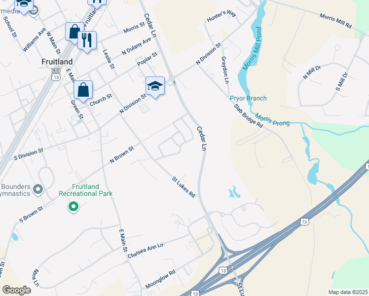 map of restaurants, bars, coffee shops, grocery stores, and more near 721 Wye Oak Drive in Fruitland