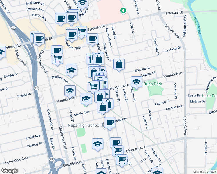 map of restaurants, bars, coffee shops, grocery stores, and more near 2740 Cooper Court in Napa