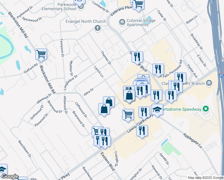 map of restaurants, bars, coffee shops, grocery stores, and more near 1527 Lynch Lane in Clarksville
