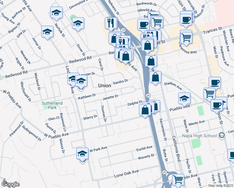 map of restaurants, bars, coffee shops, grocery stores, and more near 2122 Janette Drive in Napa