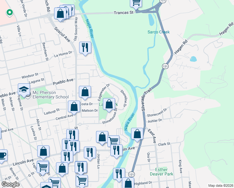 map of restaurants, bars, coffee shops, grocery stores, and more near 2360 Lakepark Drive in Napa
