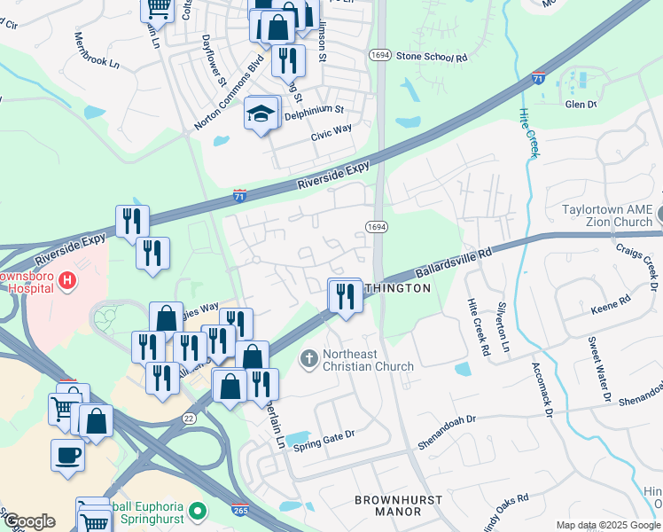 map of restaurants, bars, coffee shops, grocery stores, and more near 4908 Merton Square in Louisville