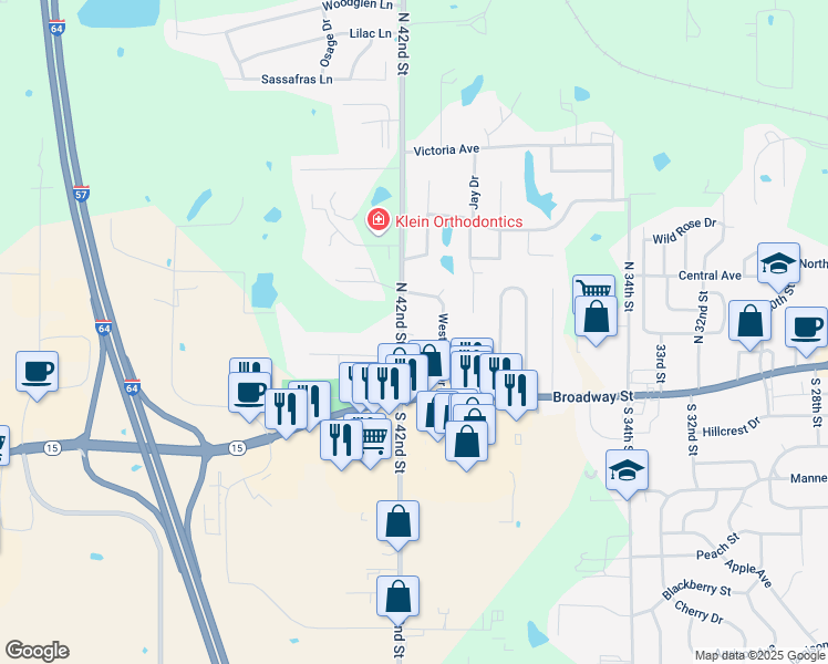 map of restaurants, bars, coffee shops, grocery stores, and more near 1-99 Westwood Dr in Mt Vernon