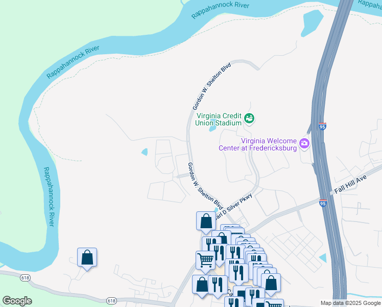 map of restaurants, bars, coffee shops, grocery stores, and more near Gordon W. Shelton Boulevard in Fredericksburg