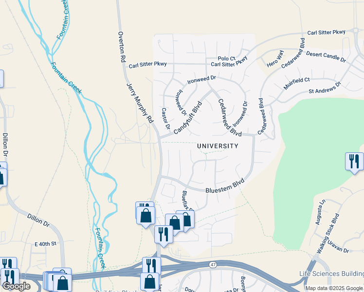 map of restaurants, bars, coffee shops, grocery stores, and more near 17 Bellflower Court in Pueblo