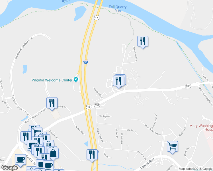 map of restaurants, bars, coffee shops, grocery stores, and more near 716 Denton Circle in Fredericksburg