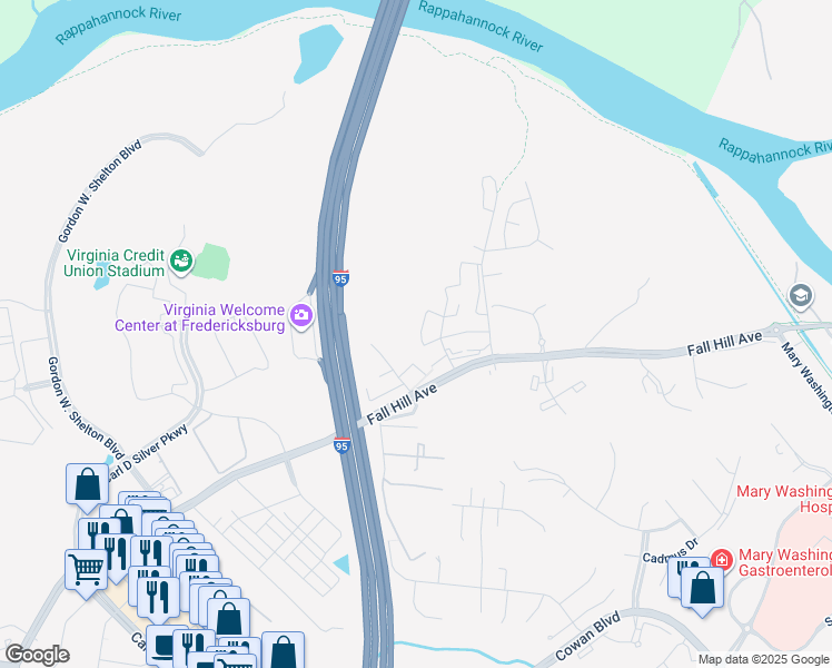 map of restaurants, bars, coffee shops, grocery stores, and more near 714 Denton Circle in Fredericksburg