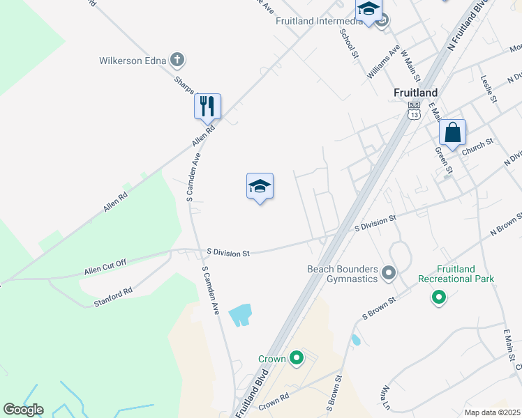 map of restaurants, bars, coffee shops, grocery stores, and more near 532 South Division Street in Salisbury