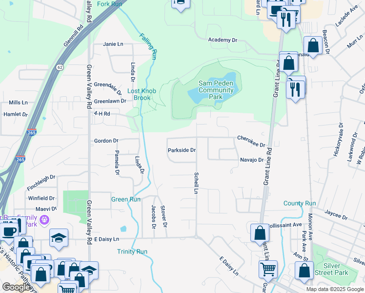 map of restaurants, bars, coffee shops, grocery stores, and more near 410 Parkside Drive in New Albany