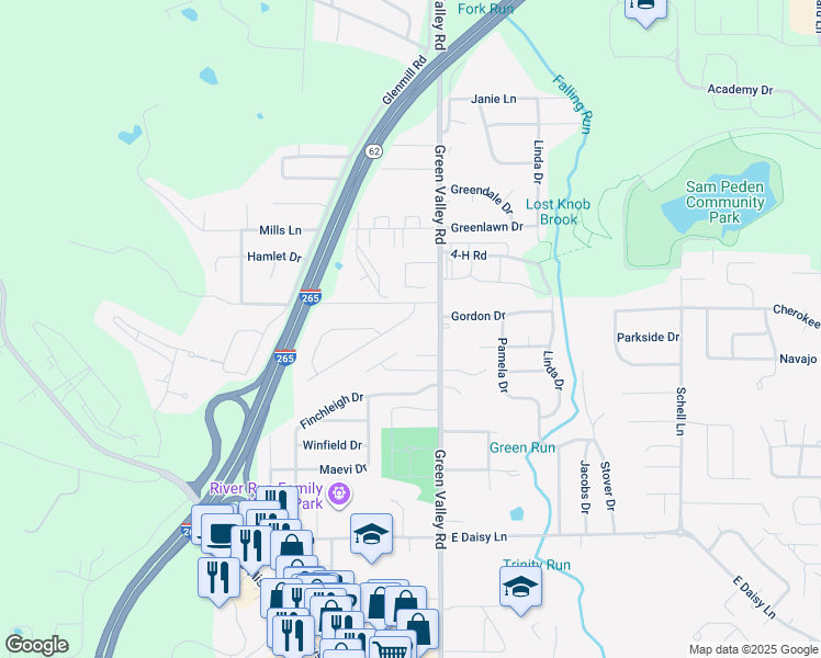map of restaurants, bars, coffee shops, grocery stores, and more near 201 Alyson Court in New Albany