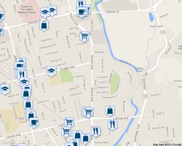 map of restaurants, bars, coffee shops, grocery stores, and more near 20 Alexnoel Court in Napa