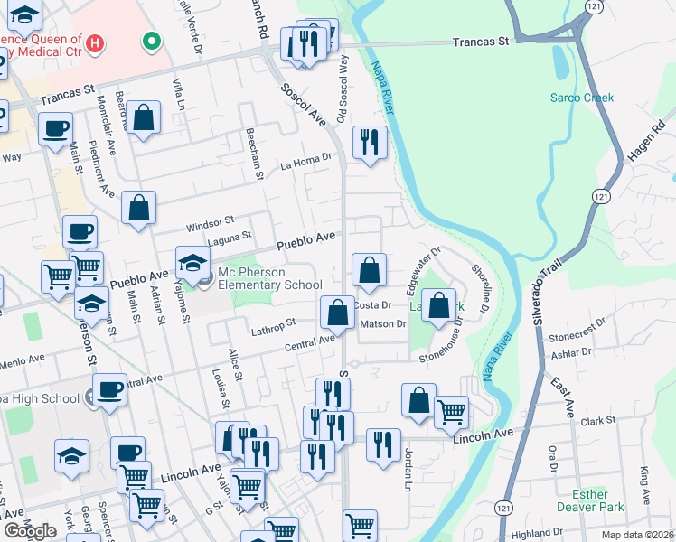 map of restaurants, bars, coffee shops, grocery stores, and more near 20 Alexnoel Court in Napa