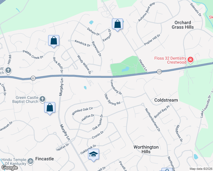 map of restaurants, bars, coffee shops, grocery stores, and more near 11808 Olde Spring Road in Louisville