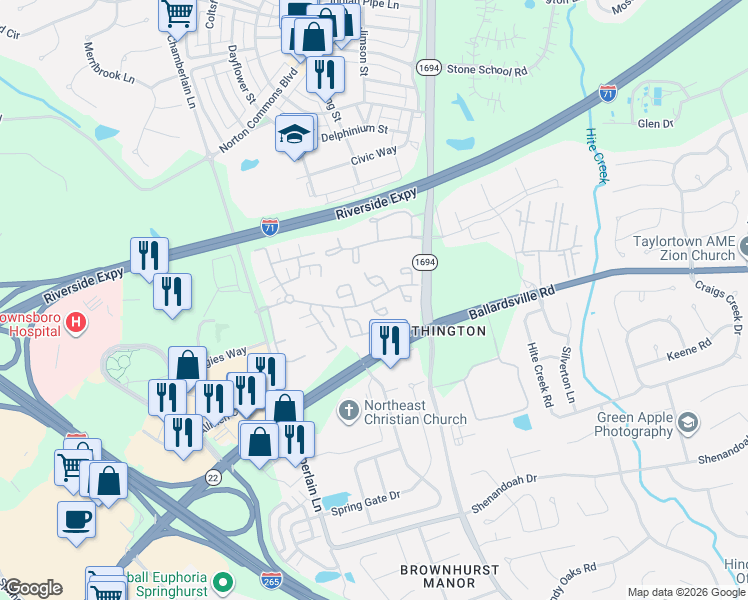 map of restaurants, bars, coffee shops, grocery stores, and more near 4908 Merton Square in Louisville