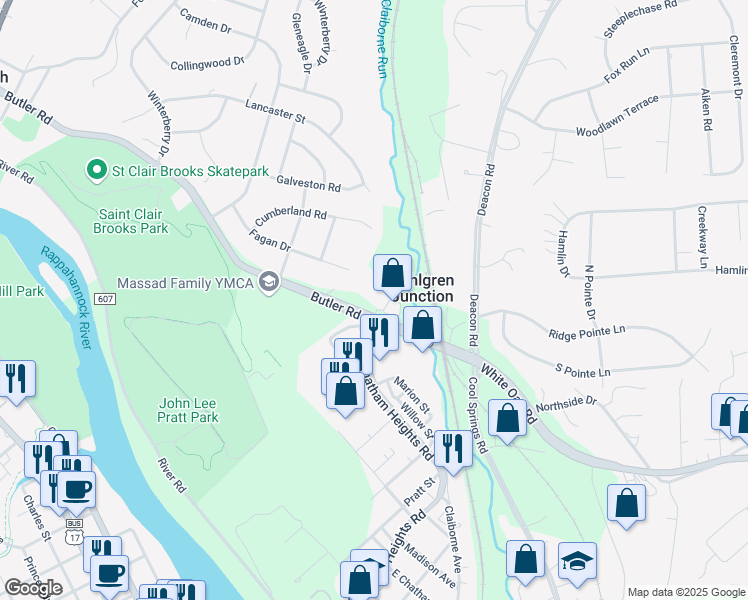 map of restaurants, bars, coffee shops, grocery stores, and more near 265 Butler Road in Fredericksburg